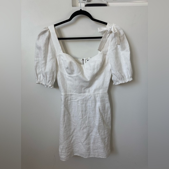 Reformation Dresses & Skirts - Reformation White Linen Puff Sleeve Mini Dress Size 6 Tie Shoulder Bustier $248